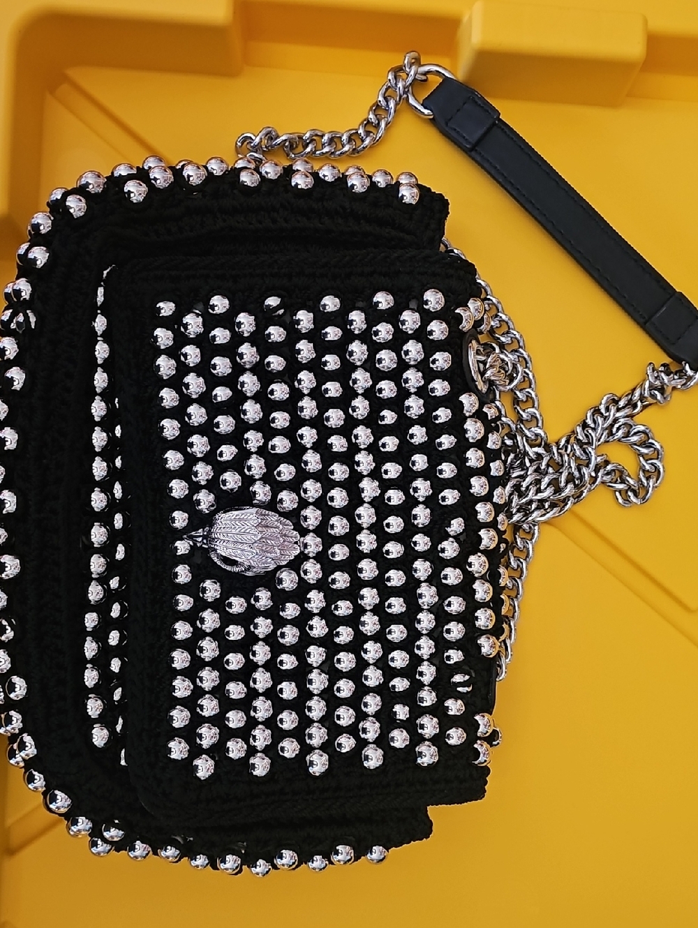Kurt Geiger Black Studded Crochet Crossbody with Silver Chain